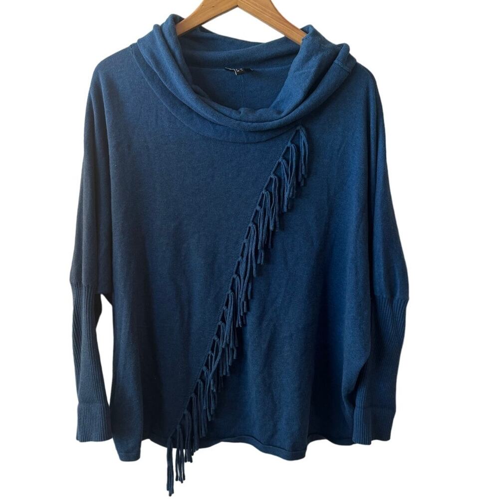 Marble Sweater Women L Blue Cowl Neck Tassel Cotton Blouse Lagenlook Boho Fringe
